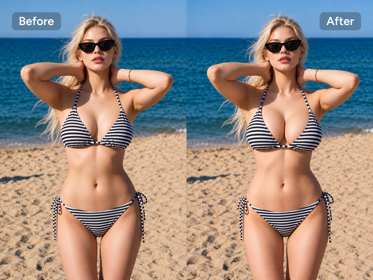 a woman in a striped bikini before and after bust enhancement at the beach