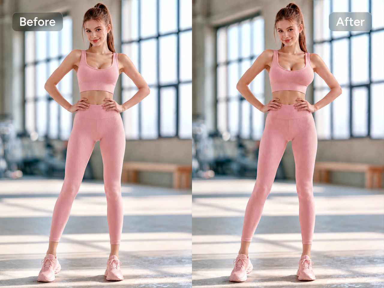 bust enhancement comparison of a woman in pink activewear