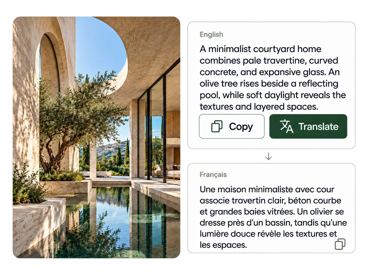 Image description generator with Copy and Translate options
