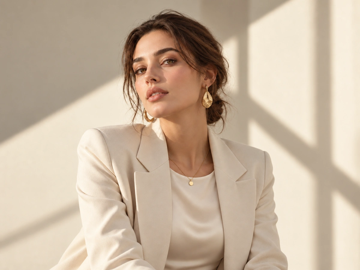 an elegant woman in an ivory blazer and gold earrings