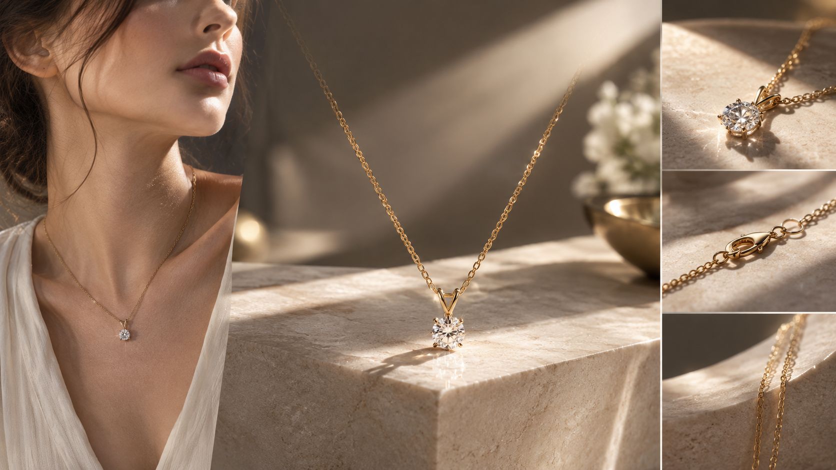 Colar de ouro e diamantes em uma mulher, com uma superfície de pedra ao fundo.