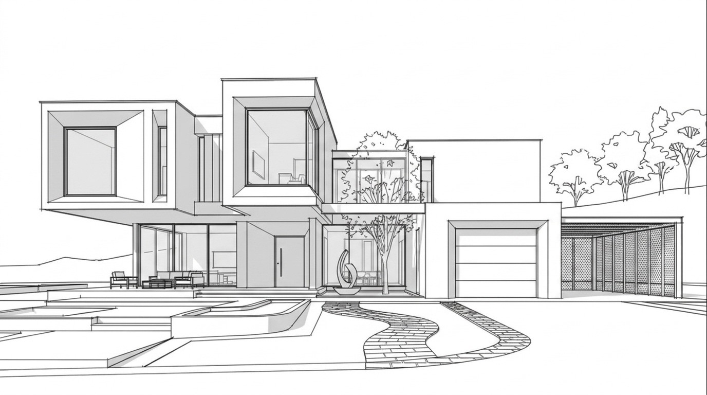 modern residence, drawing-style study