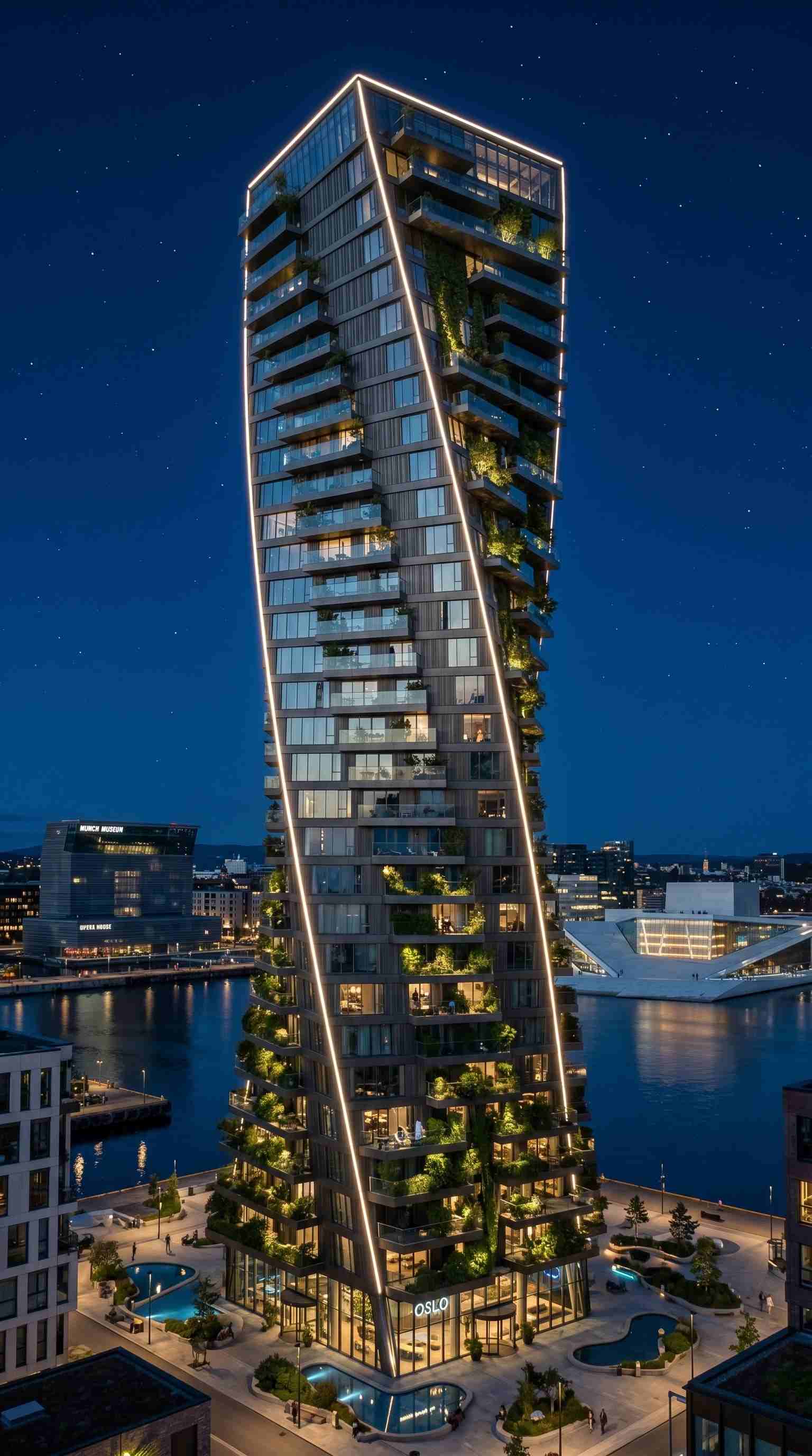 high-rise exterior, evening view