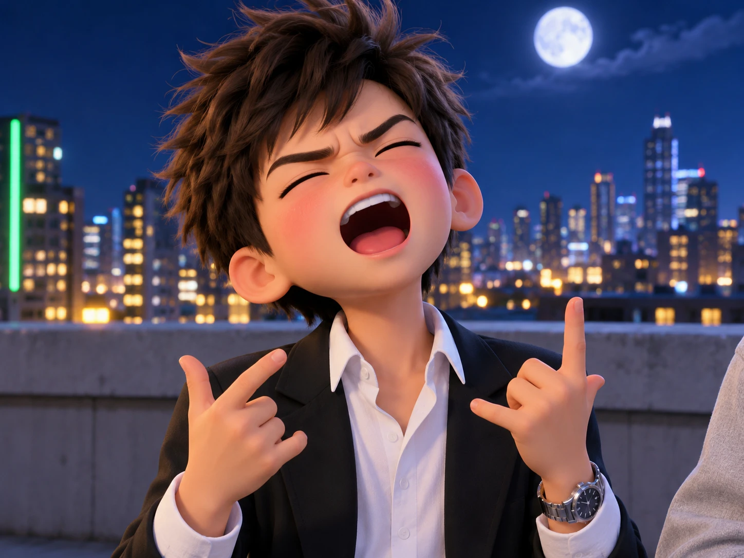 Un niño de dibujos animados canta apasionadamente en una azotea por la noche, hace el gesto rockero con las manos y tiene una ciudad iluminada al fondo.