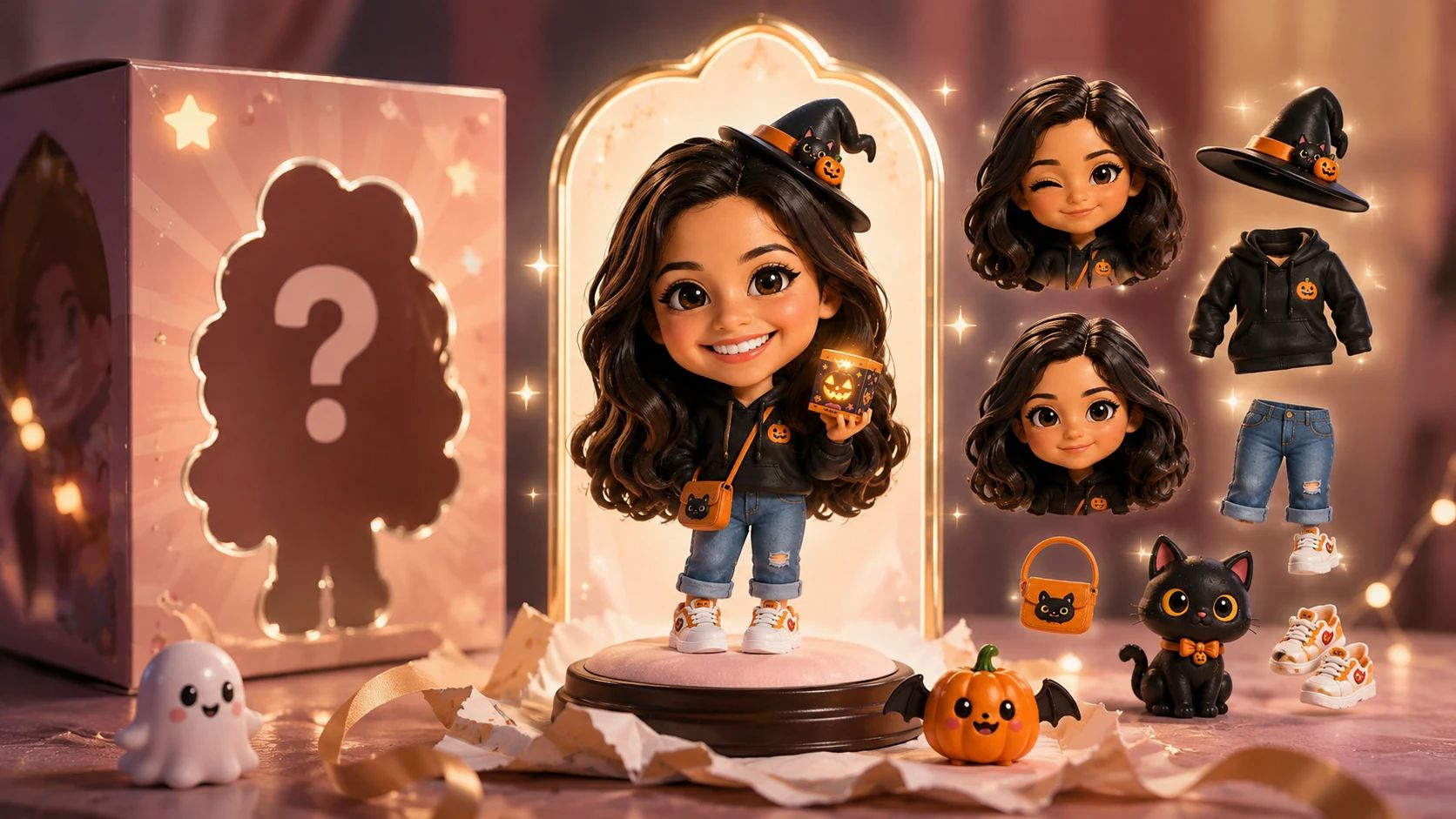 Un personnage 3D stylisé dans une scène de boîte surprise d’Halloween, avec une boîte mystère et des accessoires.