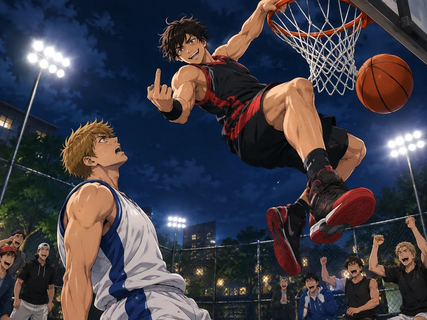 High-energy anime sports action capturing an incredible soaring slam dunk under night stadium lights.