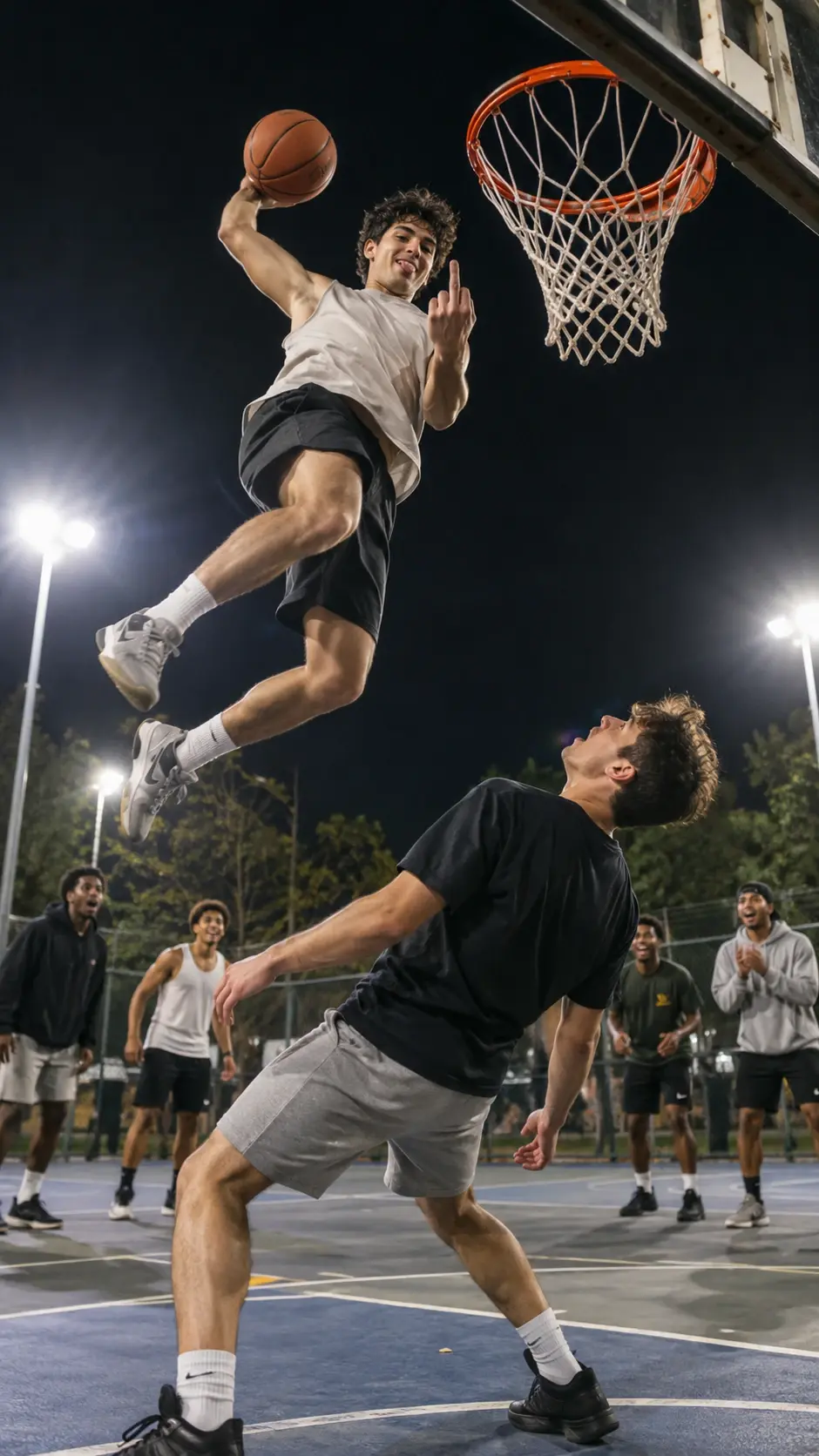 High-energy streetball moment featuring an explosive slam dunk and cheering crowd at night.