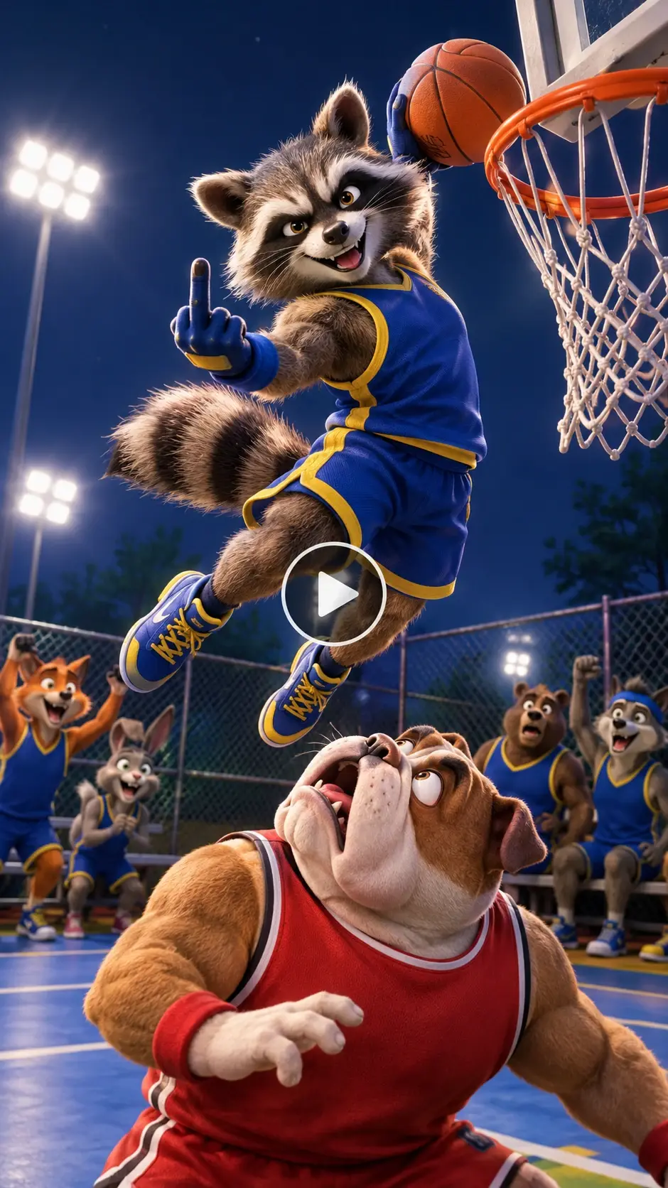 Fun and dynamic cartoon animal basketball match featuring a raccoon scoring a high-flying dunk.