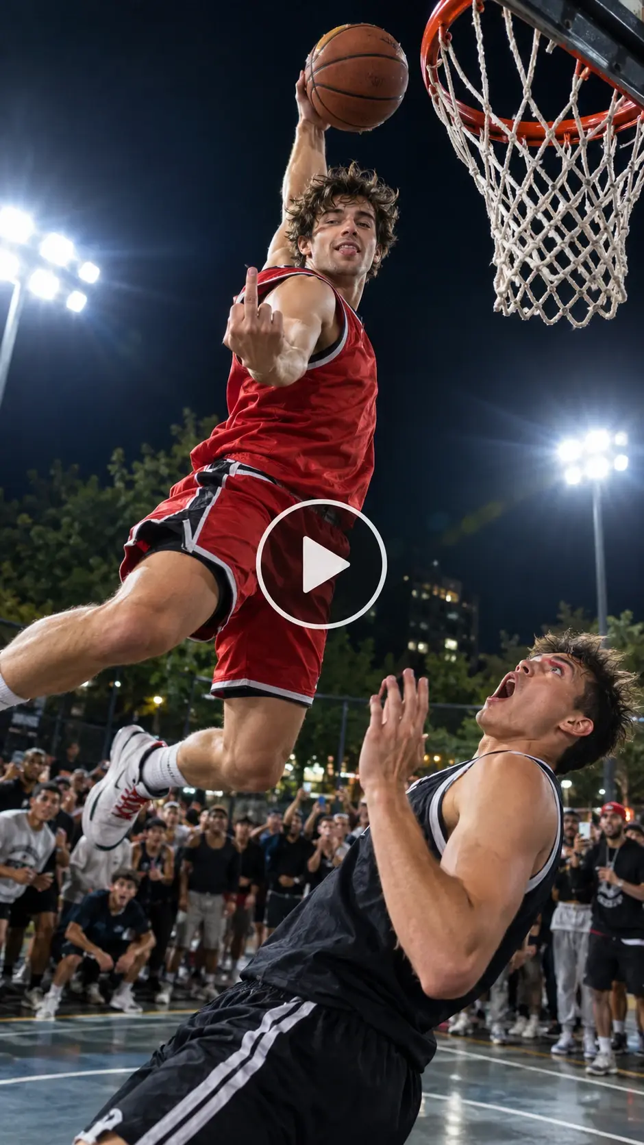 Thrilling outdoor night basketball game showcasing a dramatic soaring slam dunk over a defender.