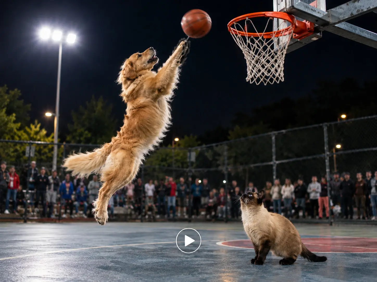 An adorable golden retriever soaring high for an incredible basketball slam dunk while a cat watches.