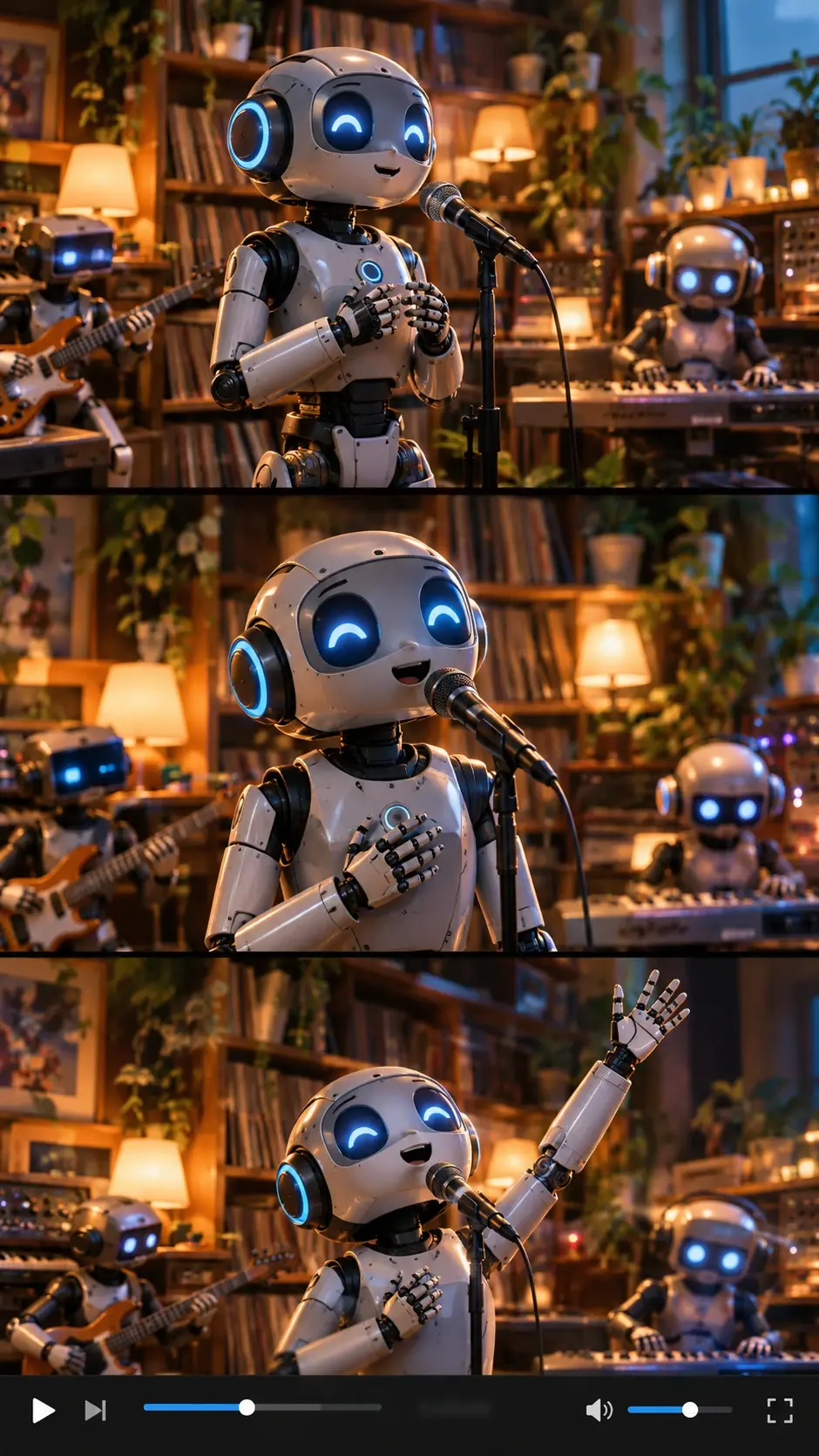 A charming futuristic robot band performing energetic music in a warm, cozy setting
