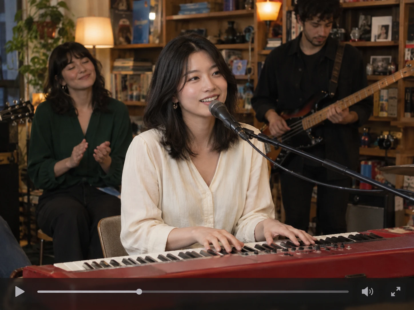 A talented female singer playing the keyboard with a backing band in a warm studio