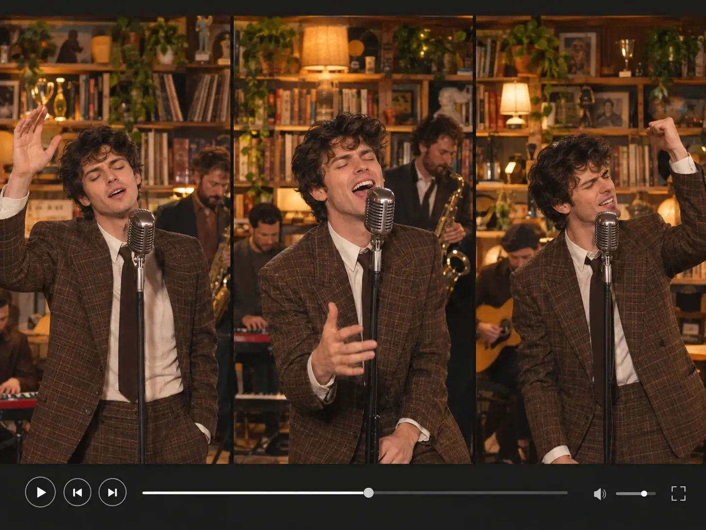 An energetic vintage-style band performing live in a cozy, book-filled room