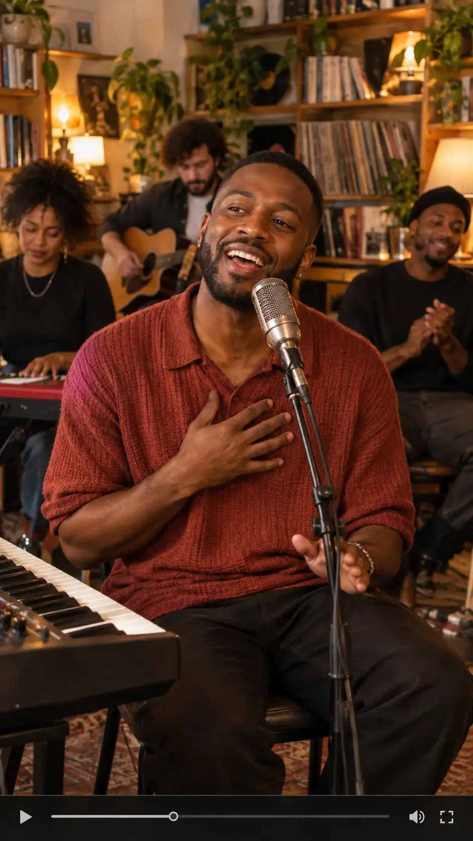 A passionate soul singer delivering an emotional performance while playing the piano