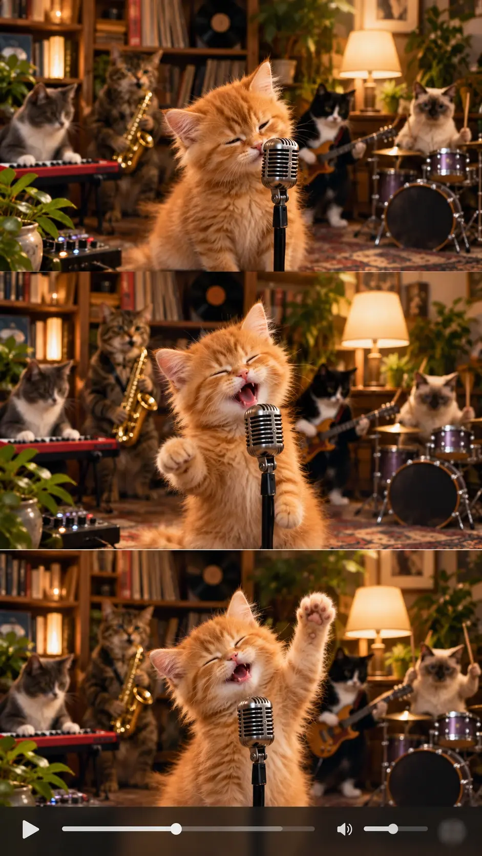 Adorable and hilarious scene of a talented cat band performing live in a cozy studio