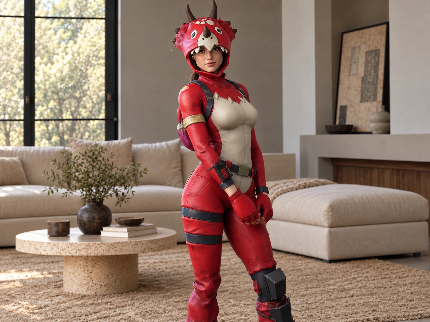 A woman in a red and white dinosaur-themed costume standing in a bright living room.