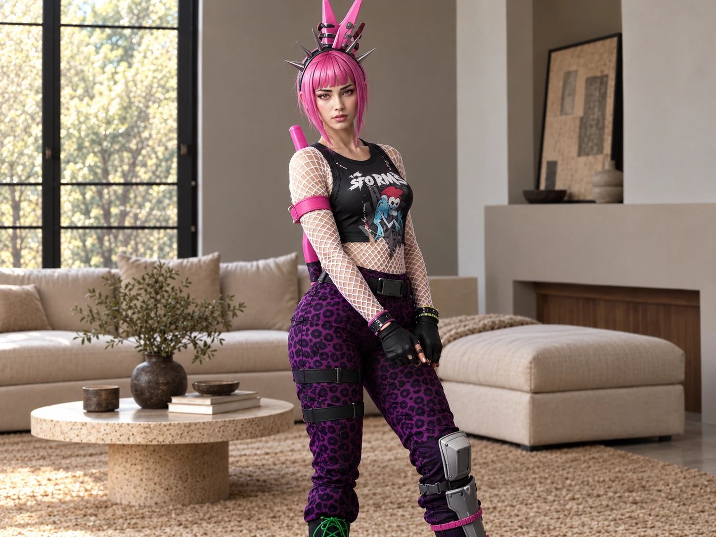 A woman with pink hair and a spiked headband wearing a punk rock outfit in a bright living room.