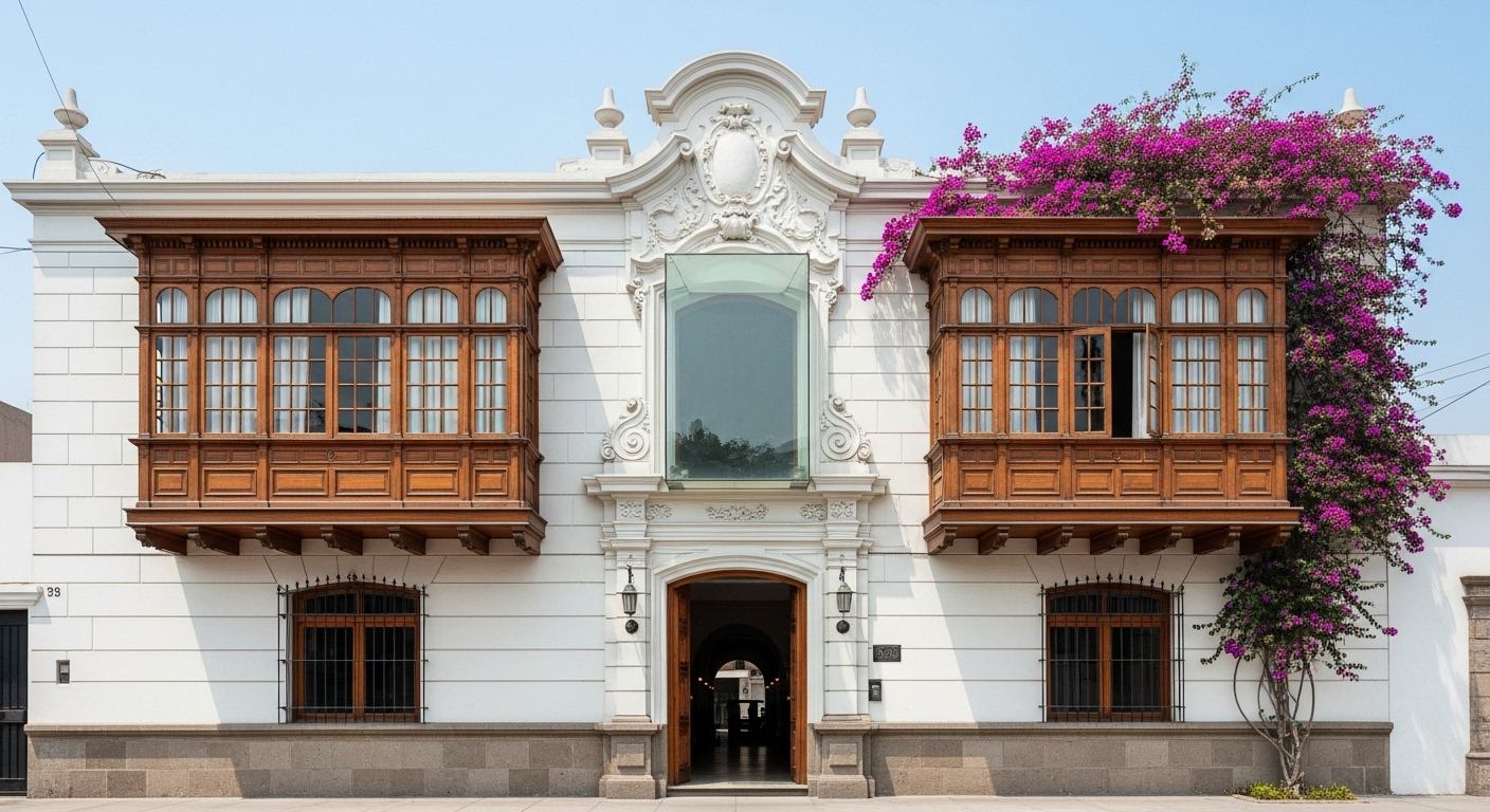 historic white facade with wooden balconies and purple bougainvillea