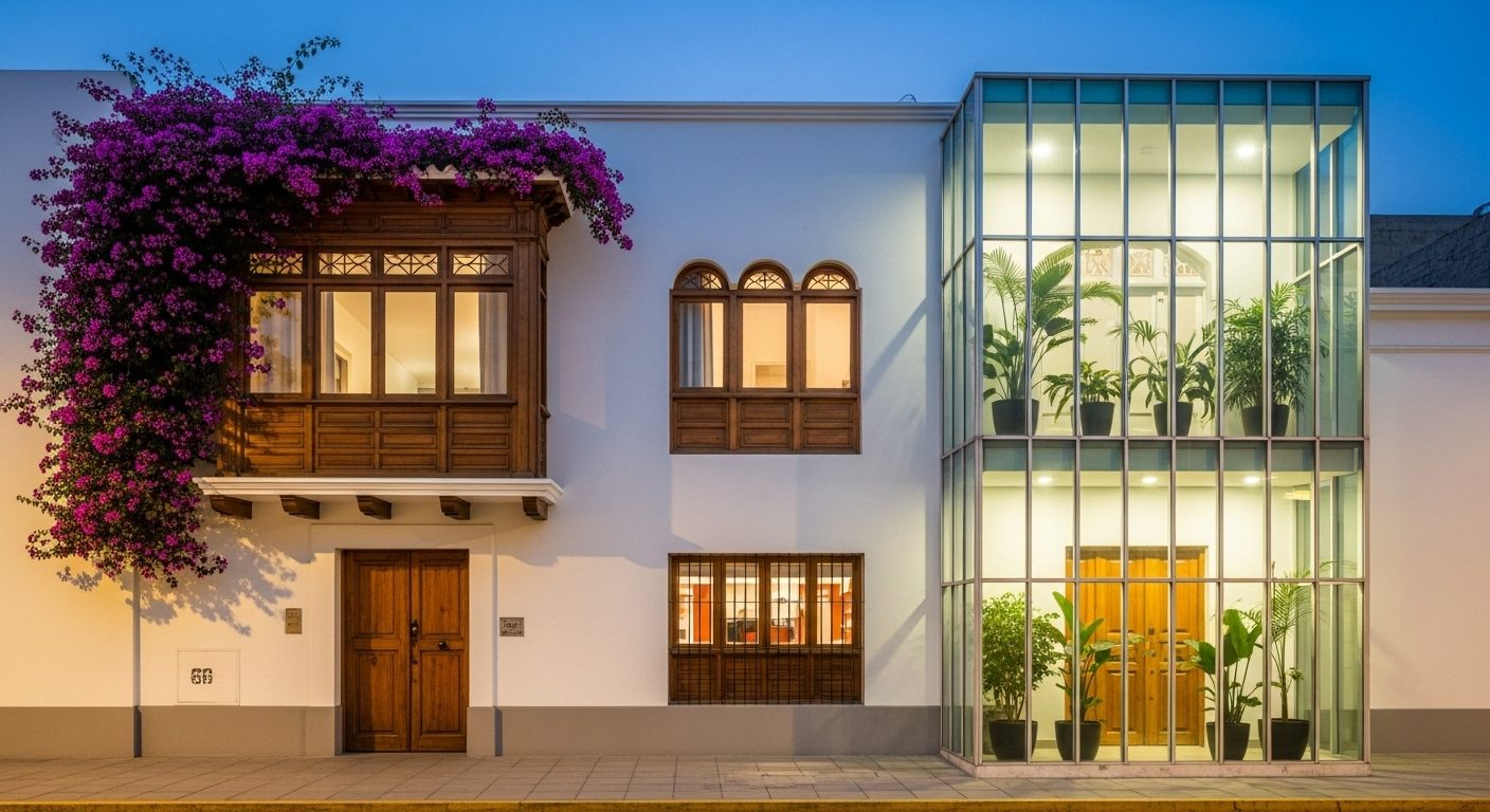 historic house with a modern glass extension at dusk