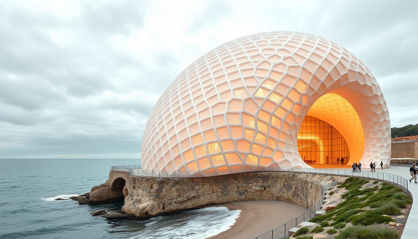 shell-shaped coastal building with a glowing entrance