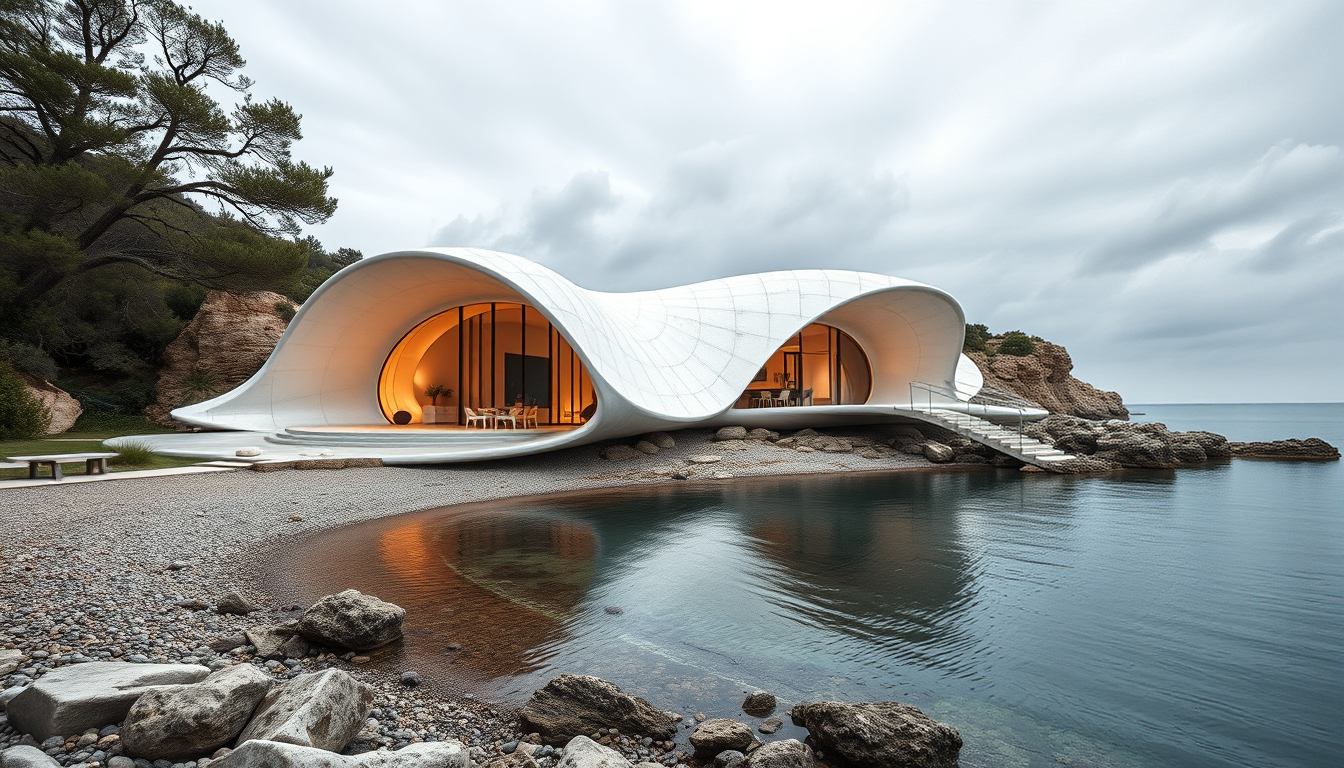 white waterfront pavilion with a flowing, wave-shaped roof