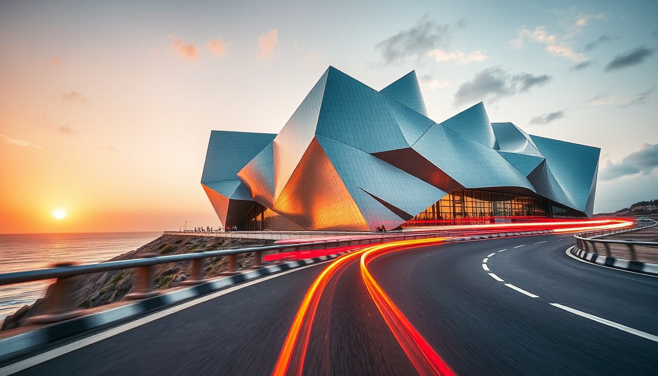 angular metallic building beside a coastal road at sunset