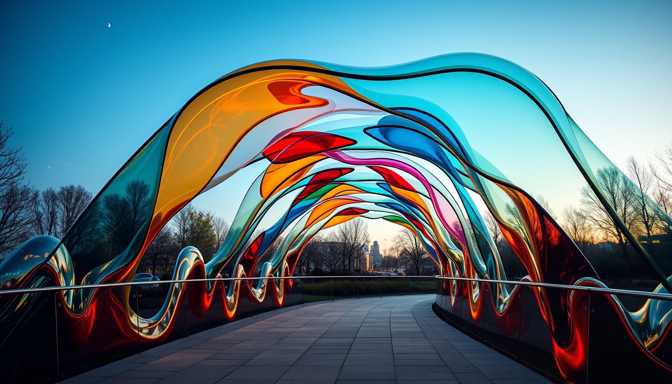 colorful translucent arches over a pedestrian walkway