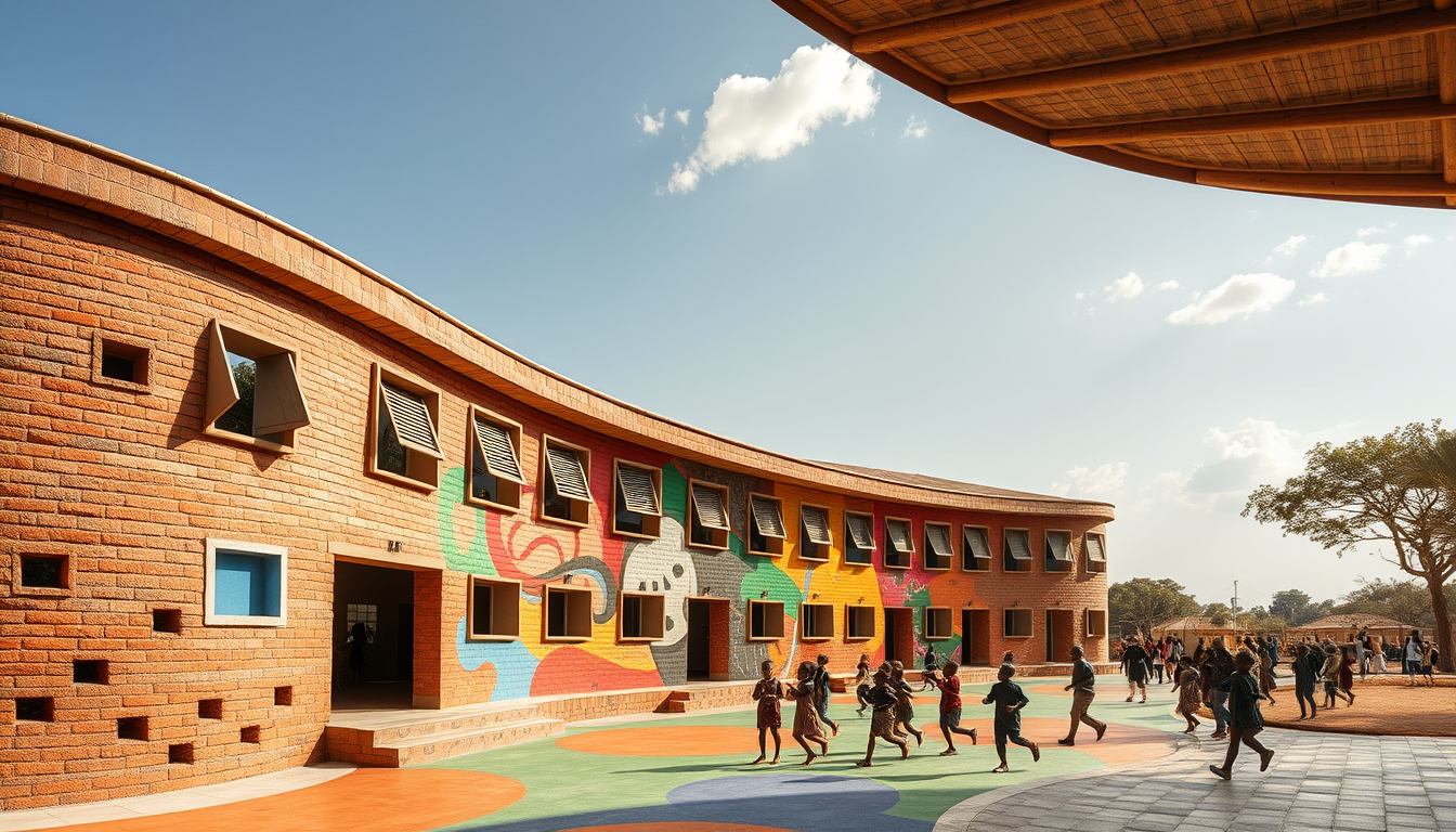 curved brick school with colorful murals and a busy courtyard