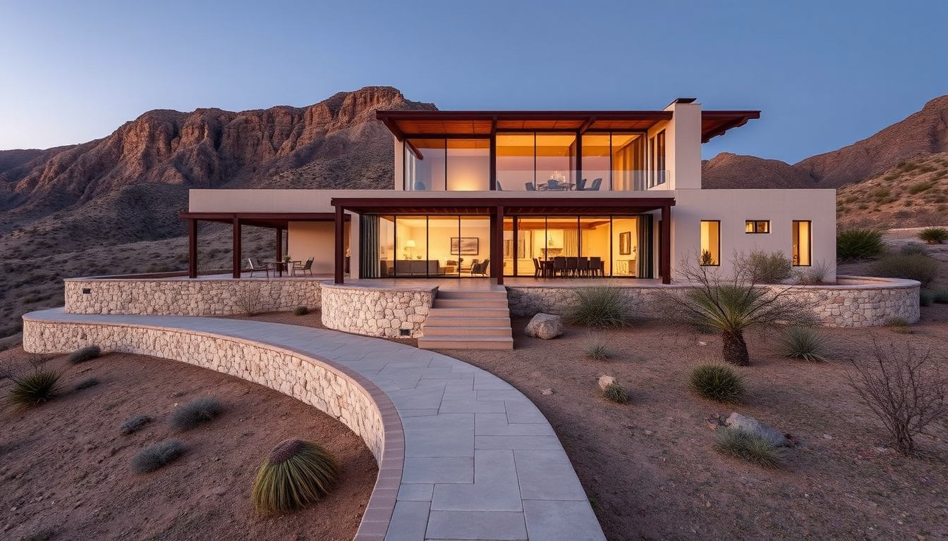 modern desert house with warm lighting and mountain views