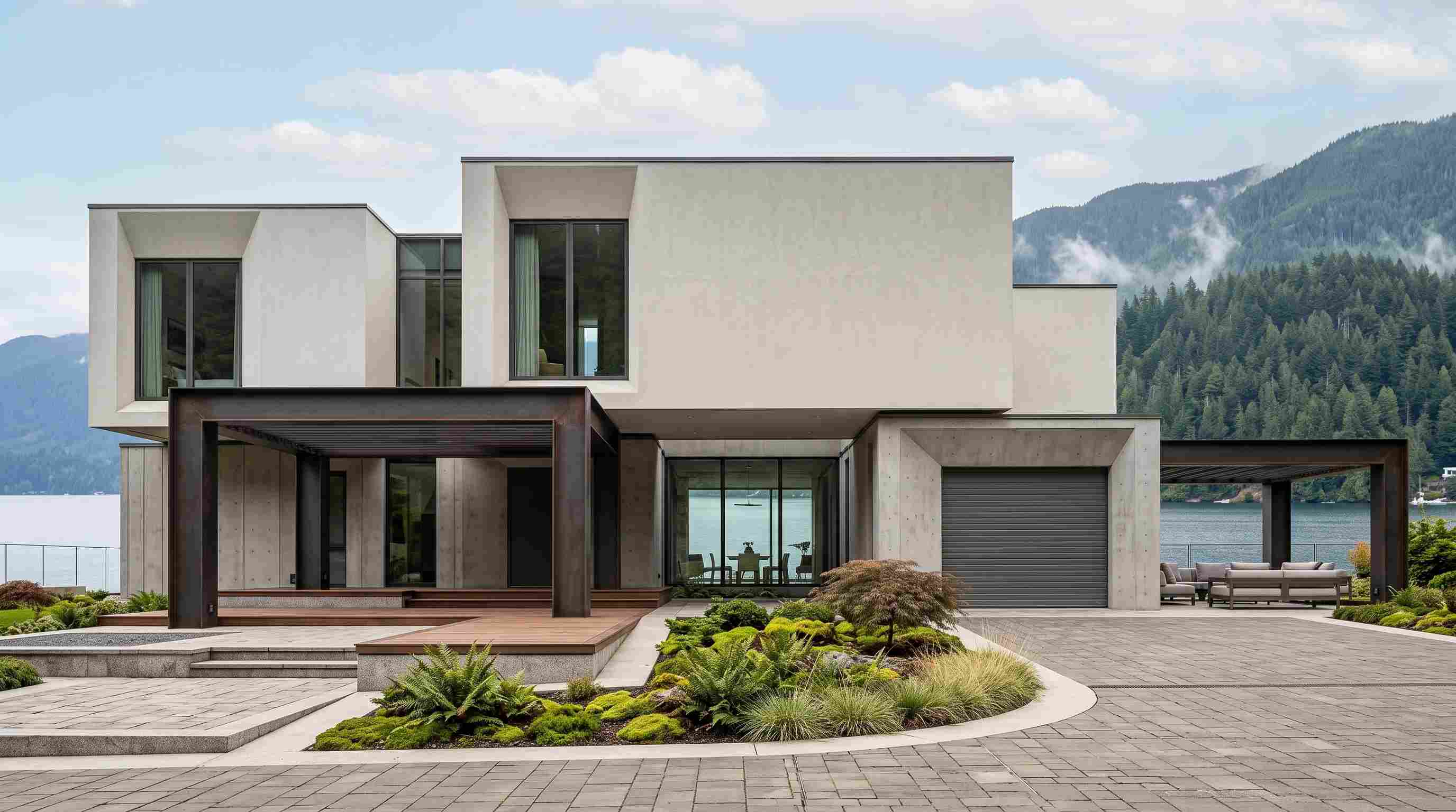 minimalist concrete villa with stacked volumes beside a lake