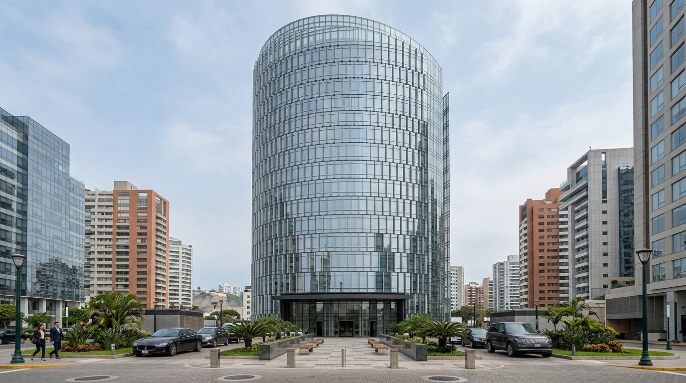 cylindrical glass tower on a city street