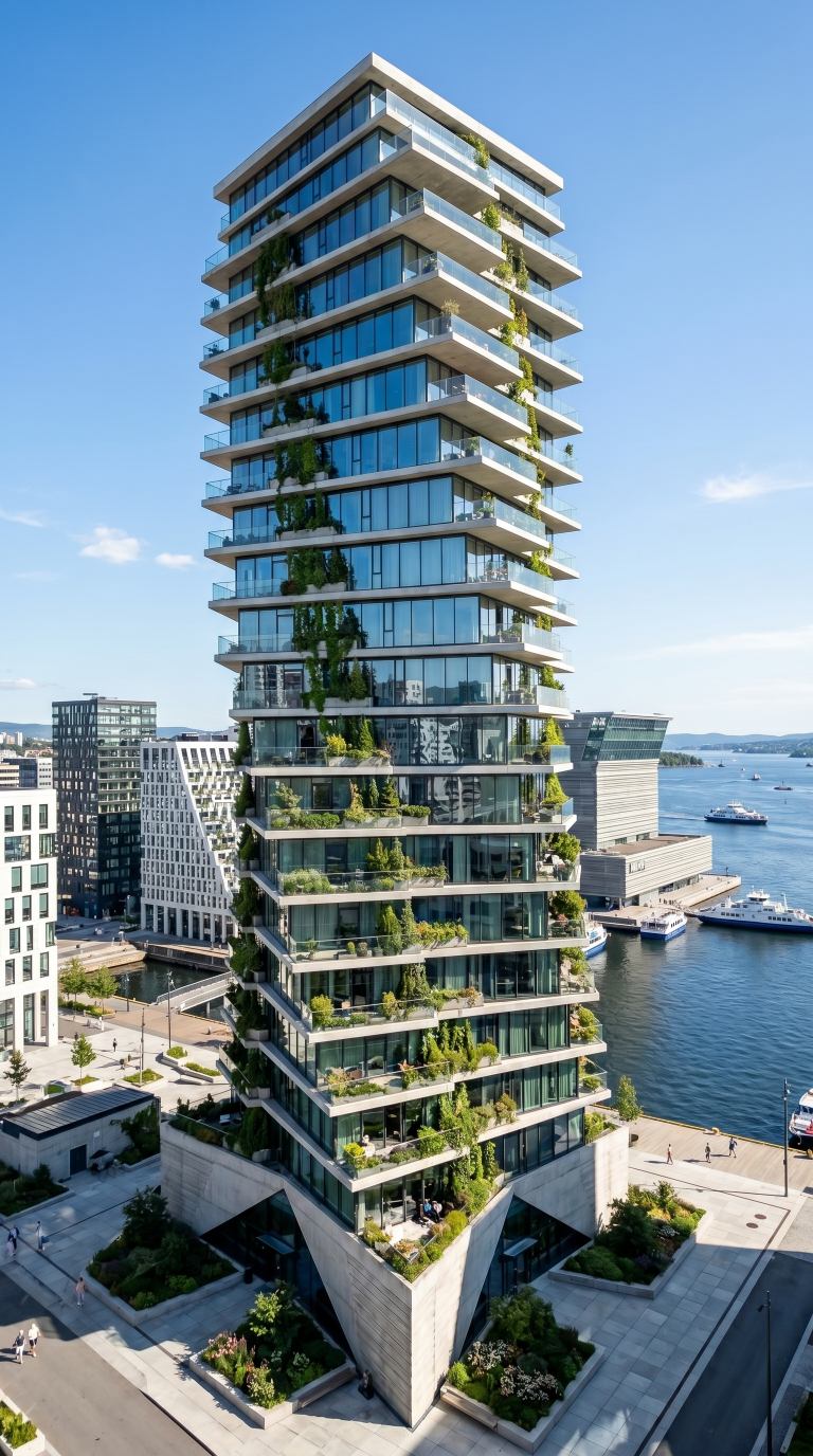 twisting residential tower with planted balconies overlooking the water