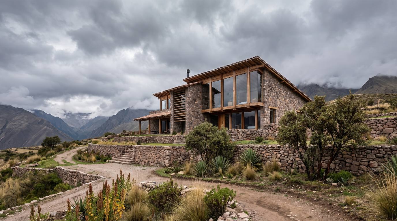 rustic stone house in a rugged mountain landscape