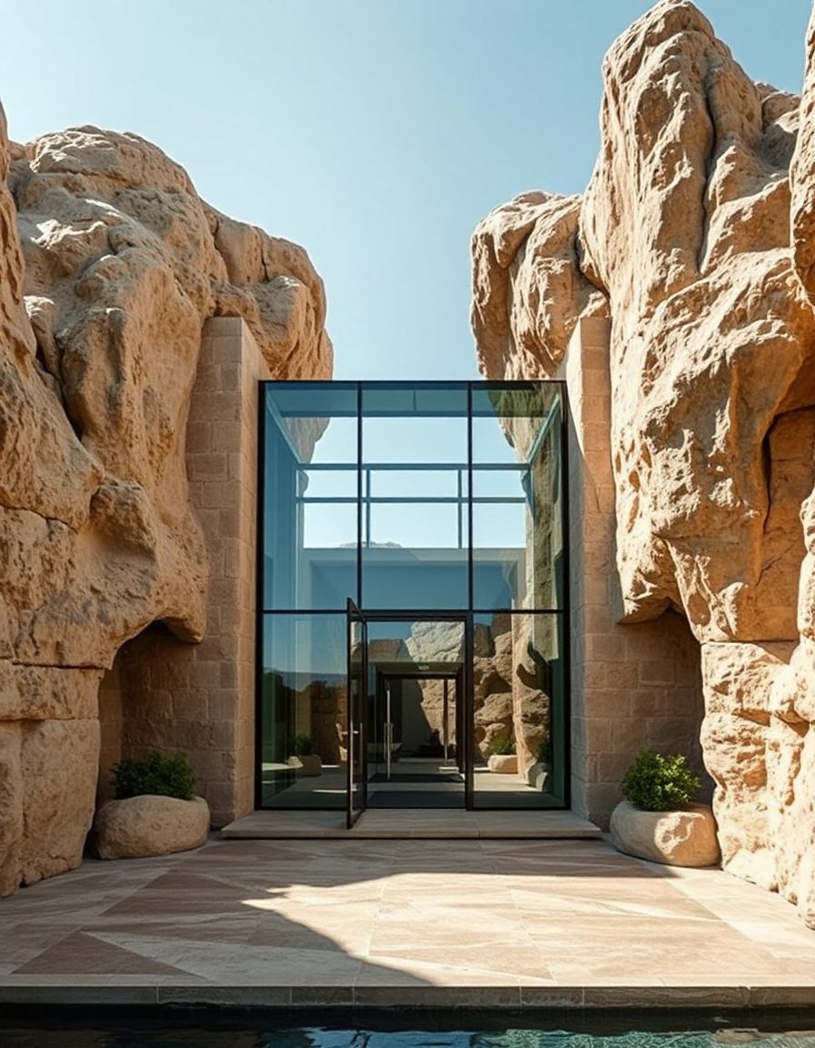 modern glass entrance nestled between towering rock walls