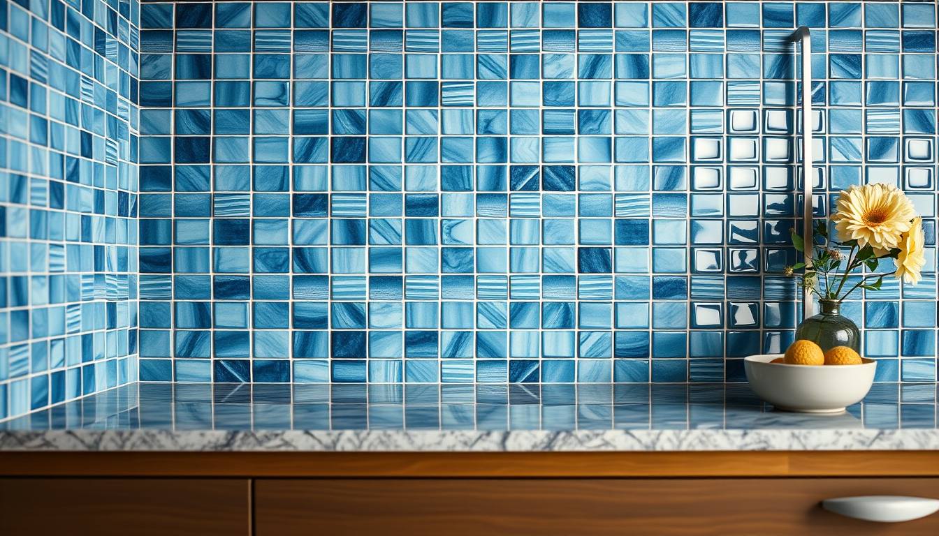 glossy blue kitchen tiles above a marble countertop
