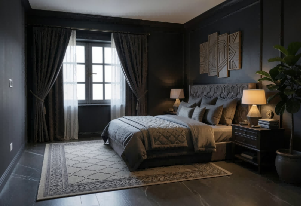 dark bedroom with an upholstered bed and warm bedside lighting
