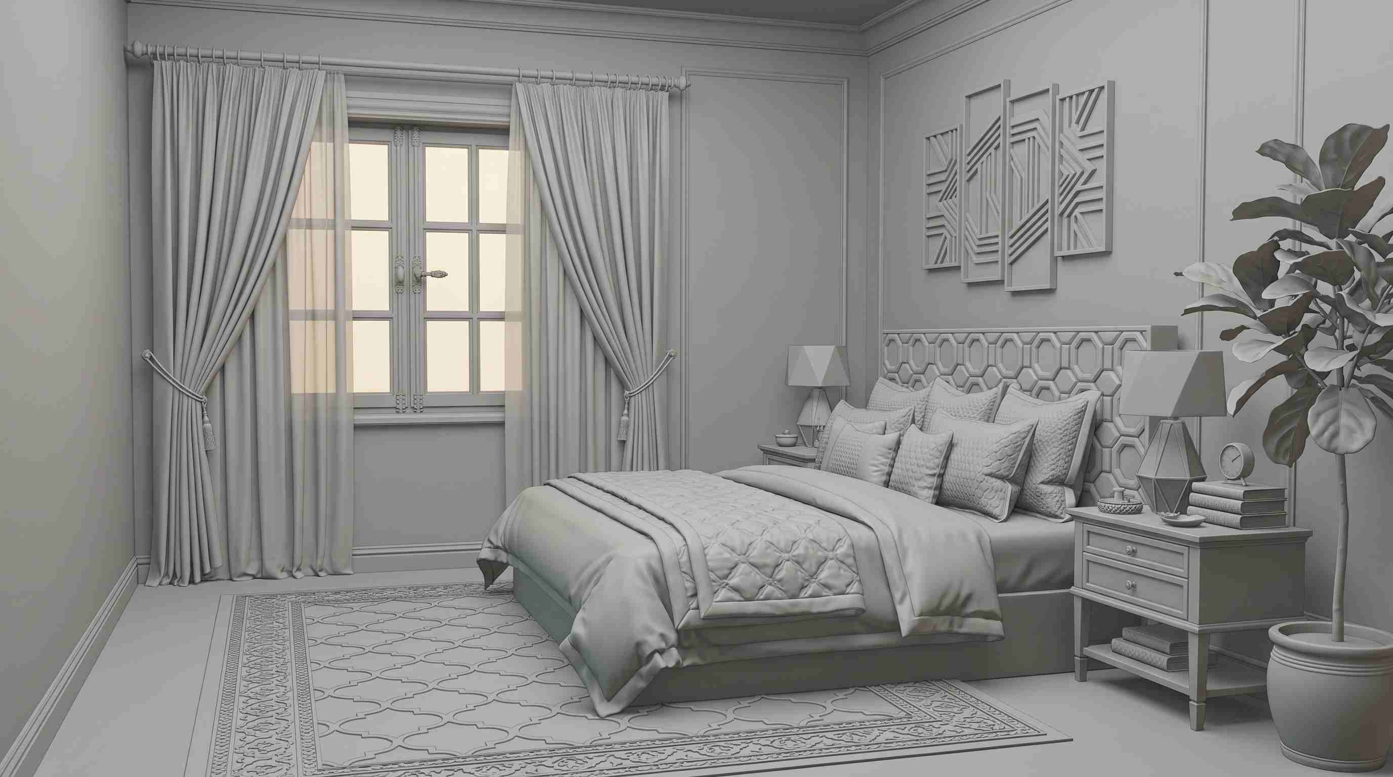 grayscale bedroom render with a tufted bed and draped window