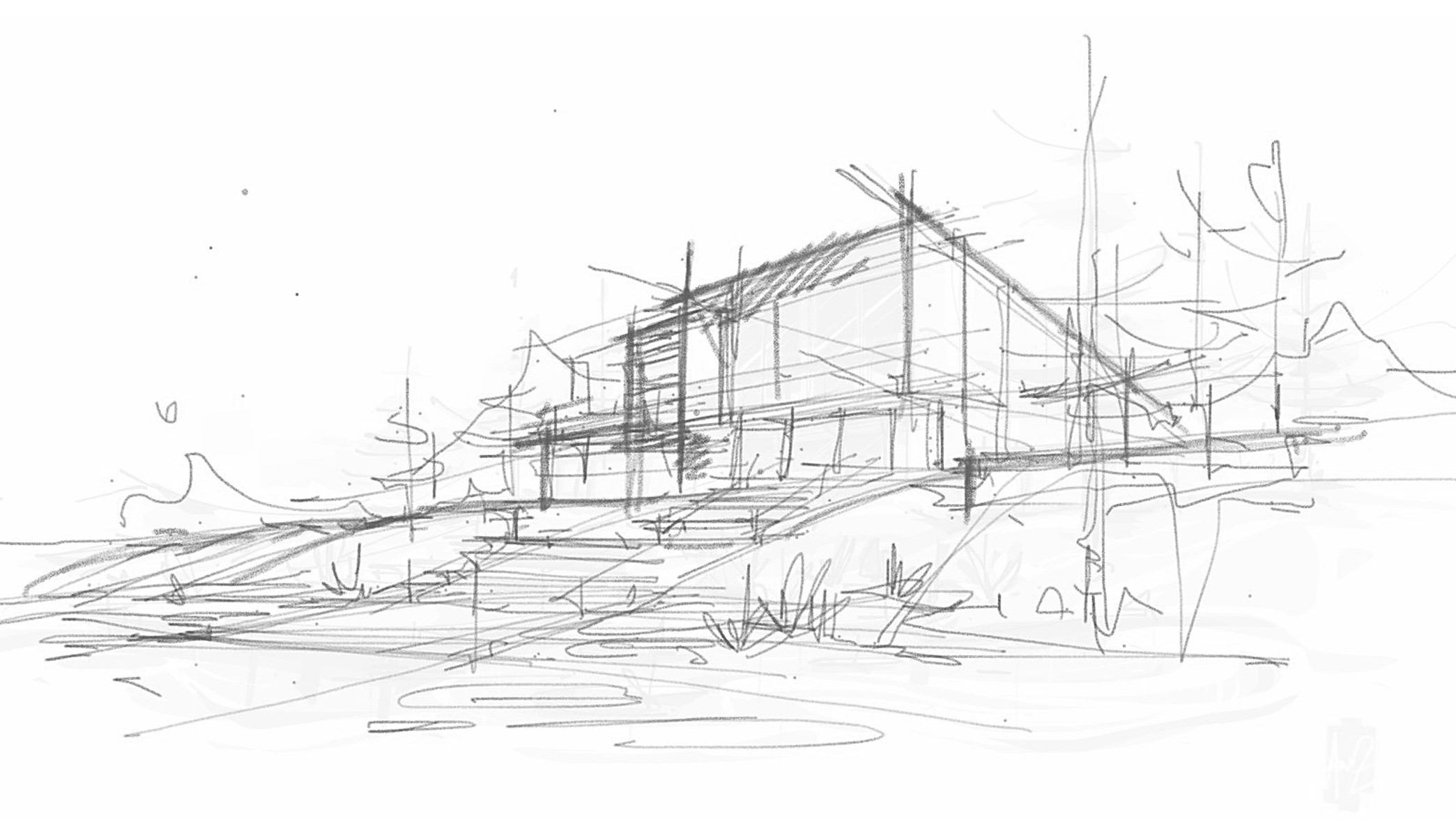 loose pencil sketch of a modern house with a sloping roof