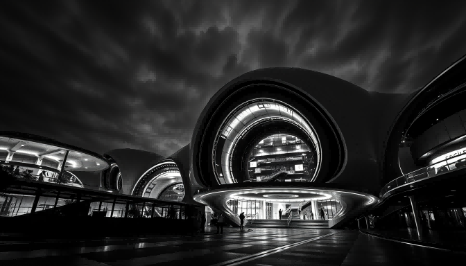 black-and-white futuristic building with illuminated circular openings