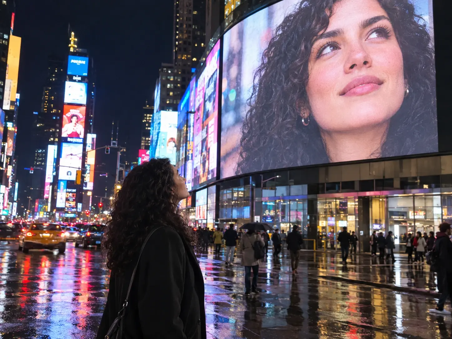 A captivating woman gazing up at a glowing digital billboard in a rainy, neon-lit city square