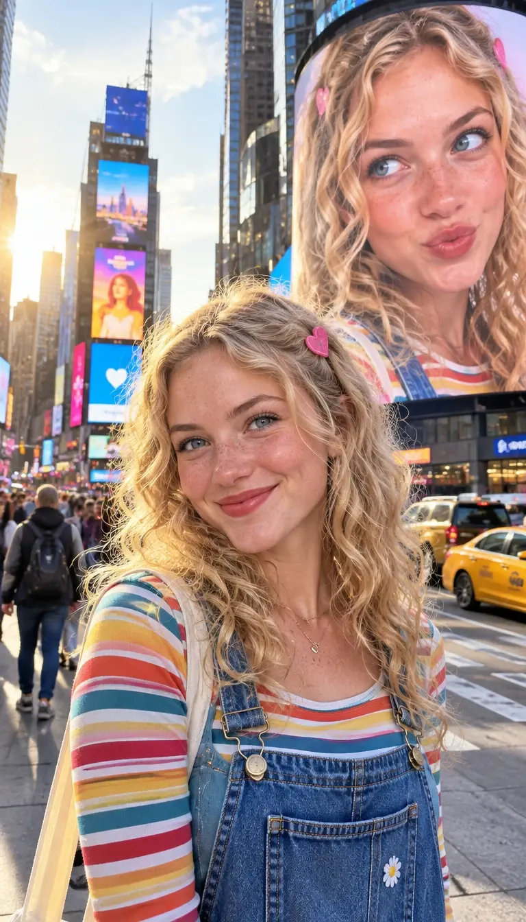 A smiling blonde girl posing in front of a giant, vibrant billboard display in a bustling city