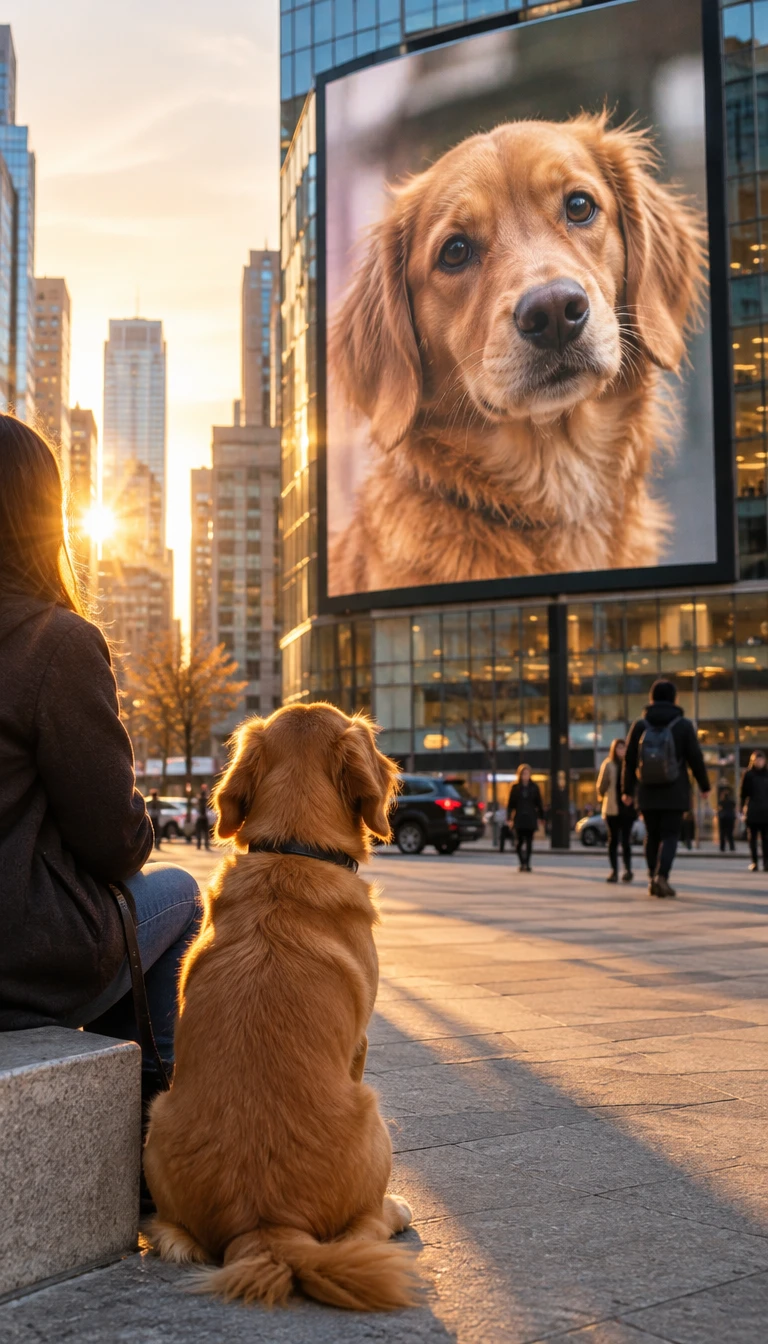 An adorable golden retriever sitting and looking up at its own portrait on a massive city billboard at sunset[