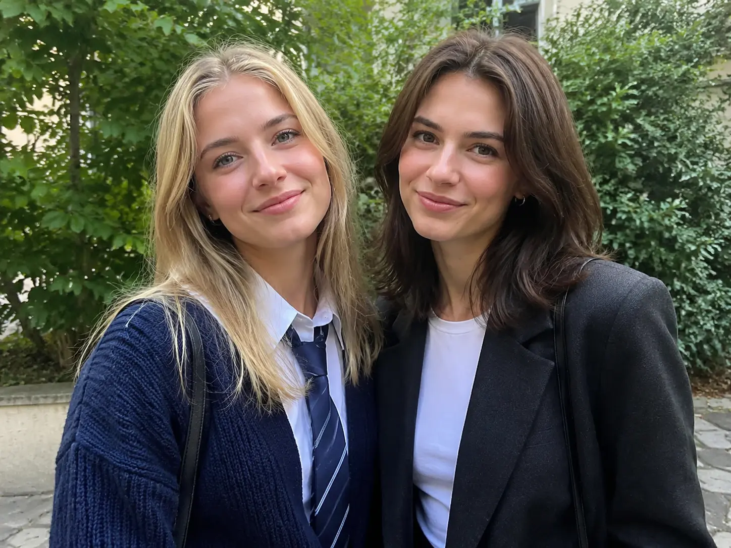 Charming portrait of two smiling schoolgirls enjoying a bright day outdoors.