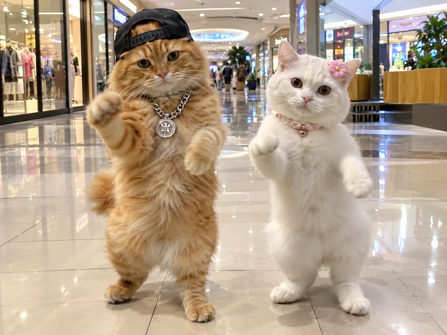 Two adorable cats in stylish outfits dancing on their hind legs in a shopping mall