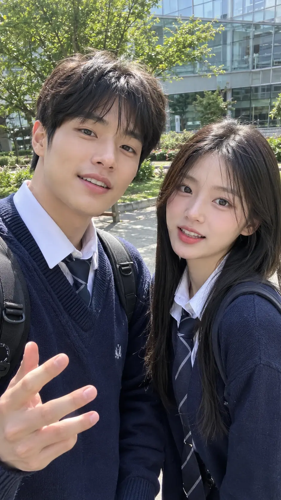 A sweet high school couple smiling together during a sunny day on campus.