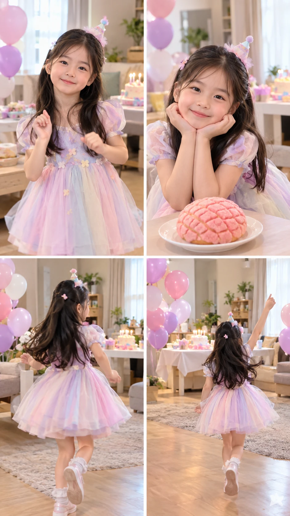 Girl in a pastel dress dancing at a birthday party