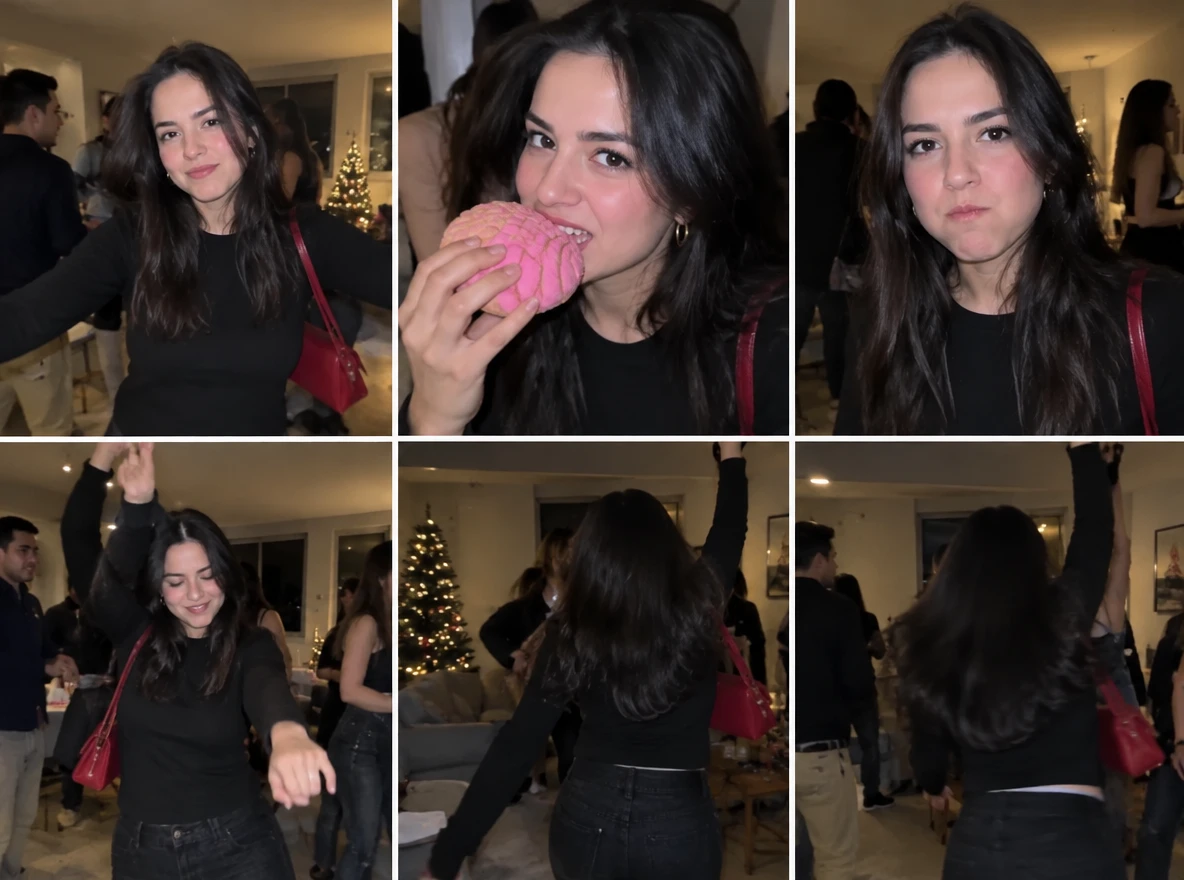 Woman enjoying a pink concha and dancing at a party
