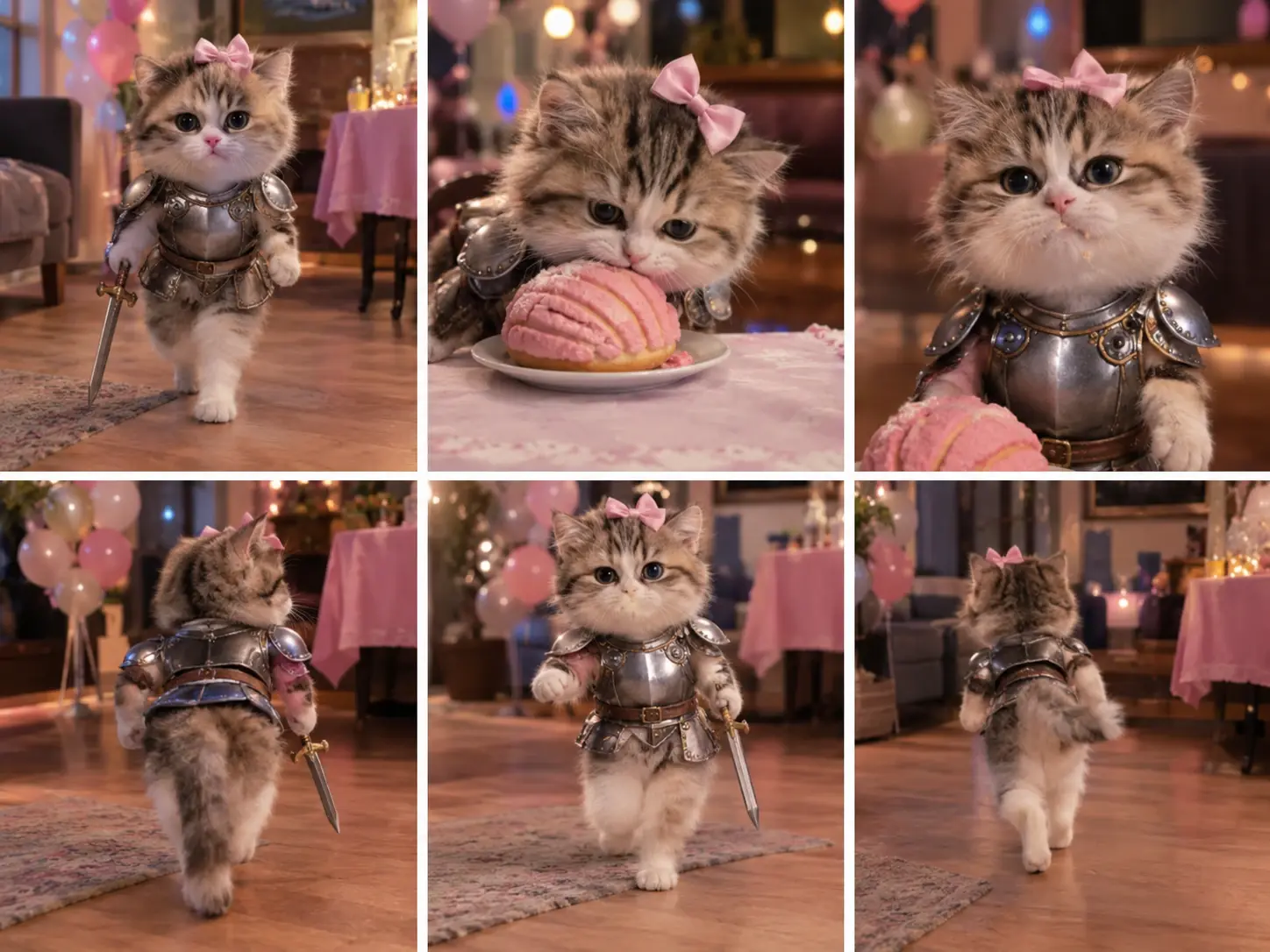 A cute kitten wearing miniature armor and a pink bow, wielding a tiny sword and eating a pastry in a festive room.