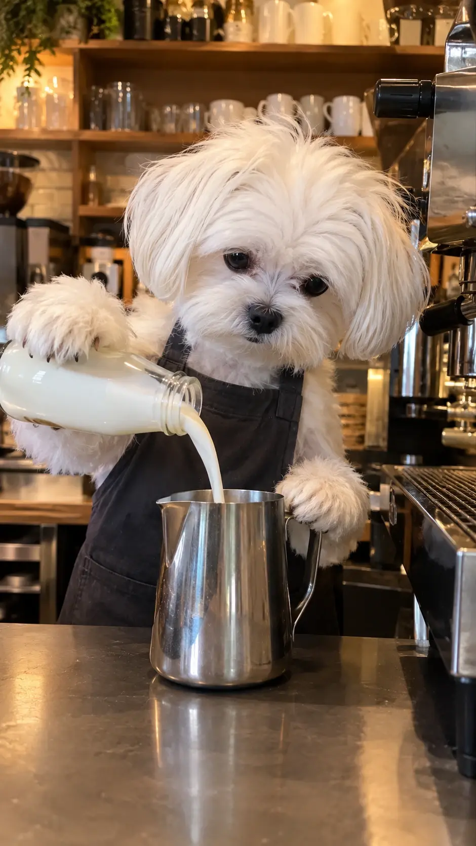 A cute fluffy dog working as a barista and pouring milk in a cozy cafe