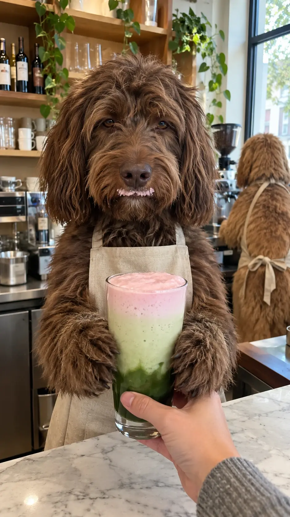 An adorable fluffy dog barista proudly serving a layered colorful drink to a customer